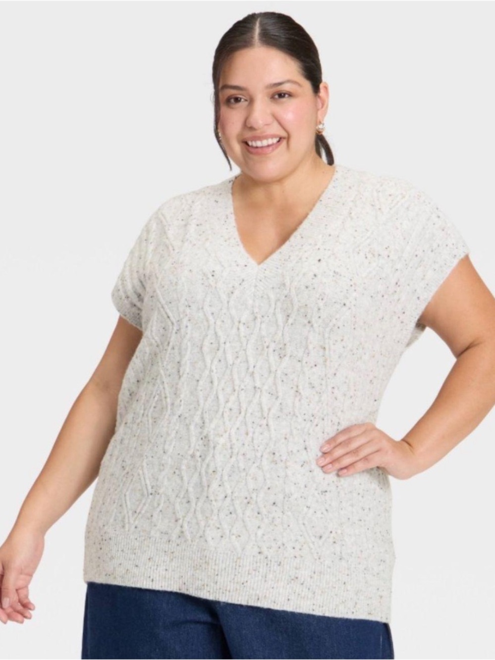 Women’s Cable Knit Sweater Vest NWT SZ XXL Speckled Light Grey Layer Preppy